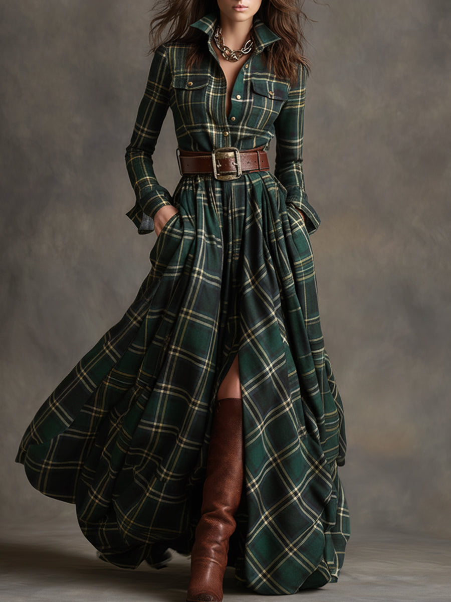 Margaret | Plaid Long-Sleeve Maxi Dress