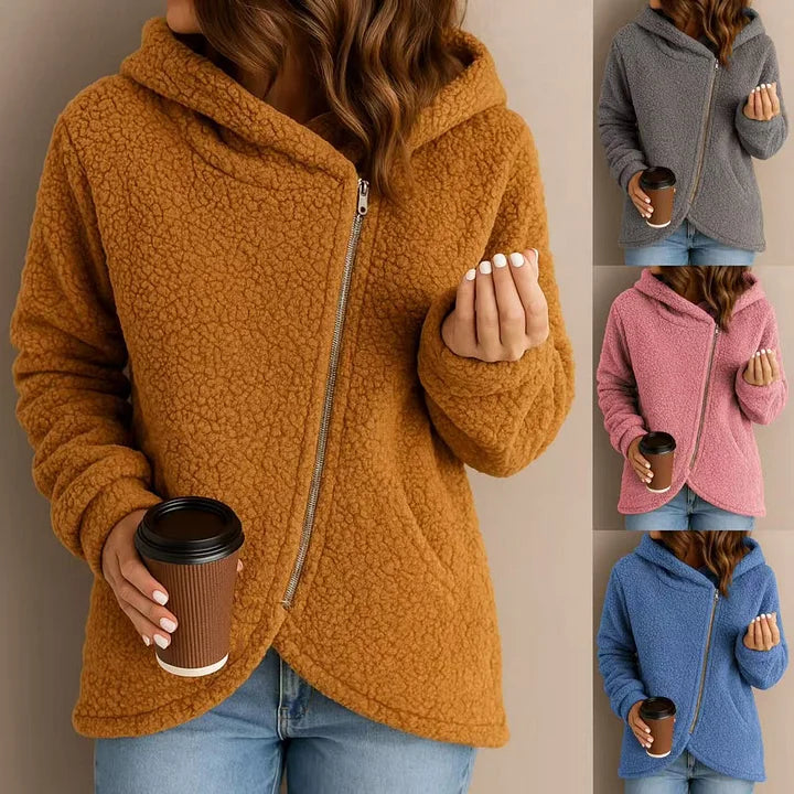 Lena | Cozy Angled Zip Hooded Jacket