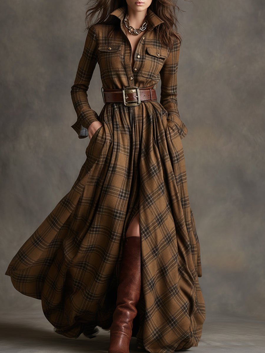 Margaret | Plaid Long-Sleeve Maxi Dress