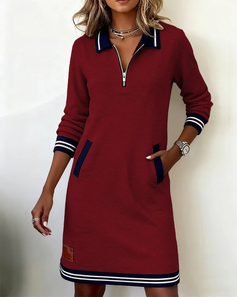 Eliana | Elegant Zip-Collar Striped Midi Dress