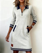 Eliana | Elegant Zip-Collar Striped Midi Dress