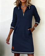 Eliana | Elegant Zip-Collar Striped Midi Dress
