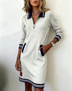 Eliana | Elegant Zip-Collar Striped Midi Dress